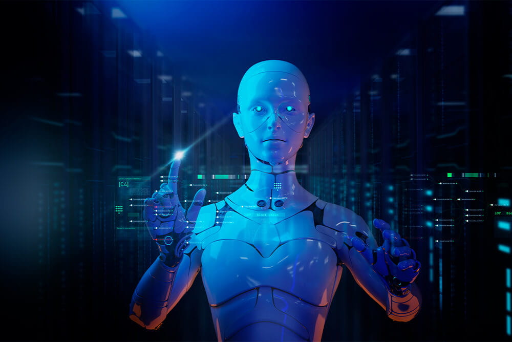 un robot sosteniendo un dedo frente a un fondo oscuro