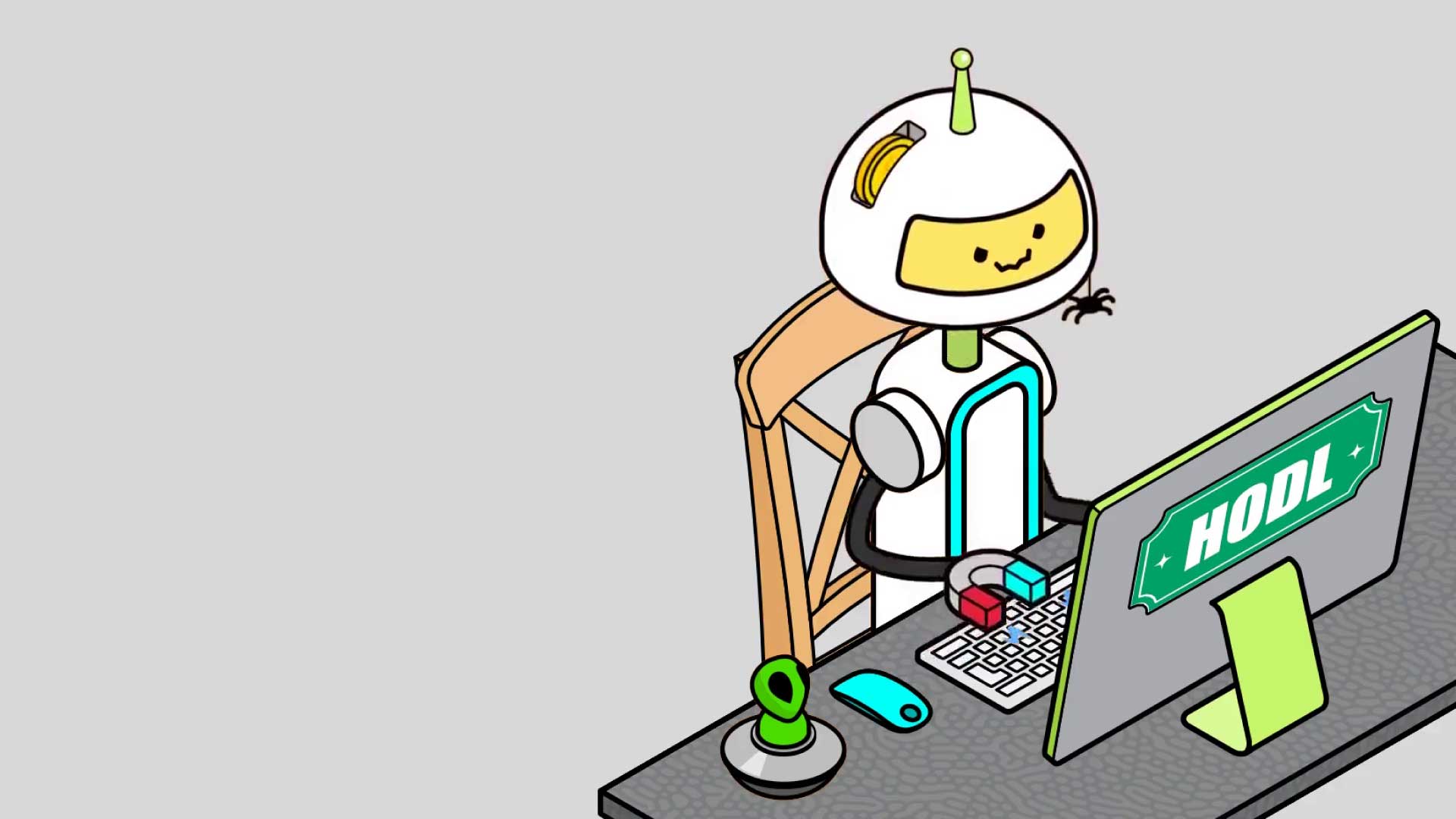 Illustrazione di un nft Collabeatz con un robot che usa un computer