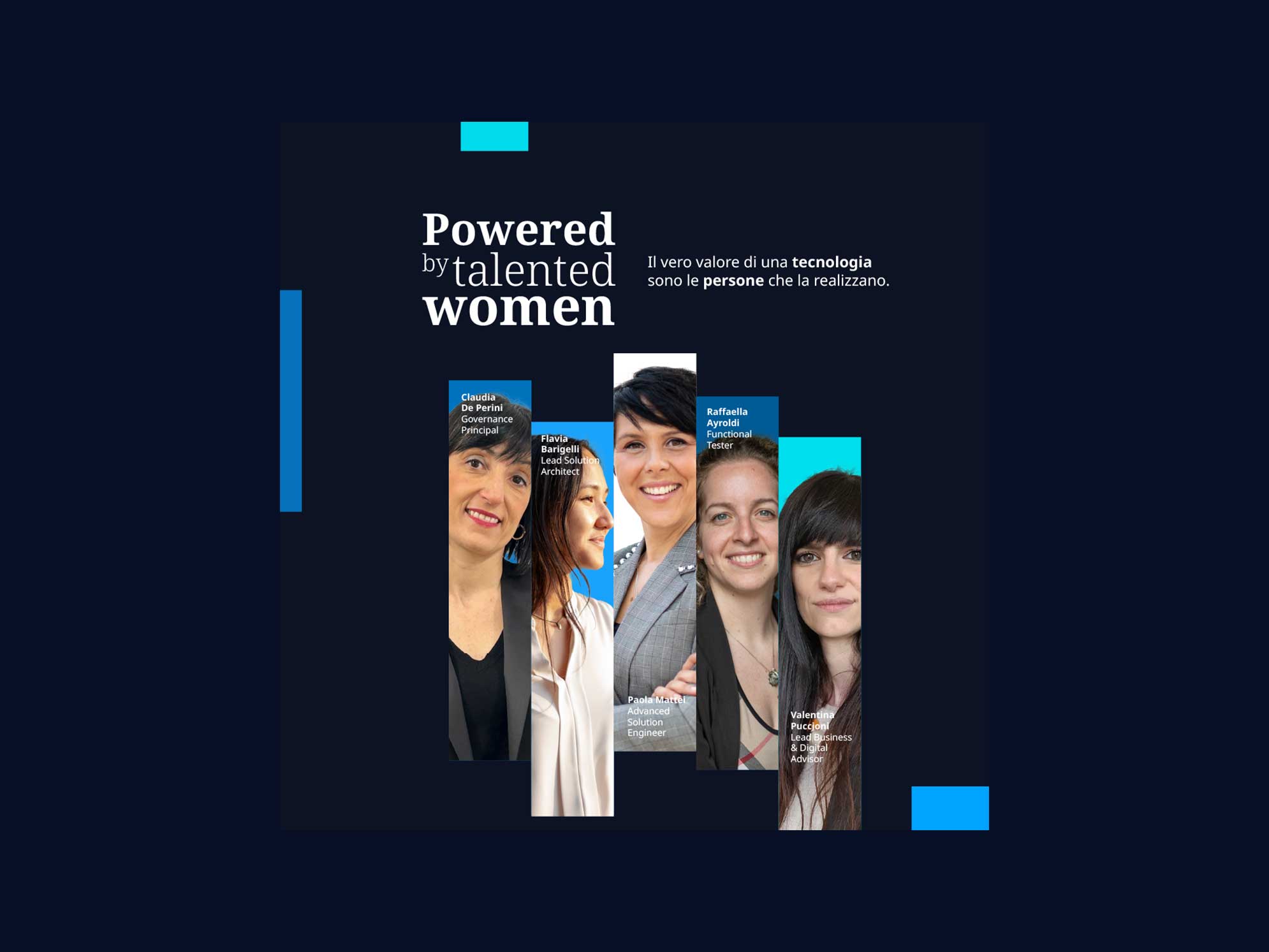 Immagine con Claudia De Perini, Governance Principal, Flavia Barigelli, Lead Solution Architect, Paola Mattei, Advanced Solution Engineer, Raffaella Ayroldi, Functional Tester, Valentina Puccioni Lead Business & Digital Advisor