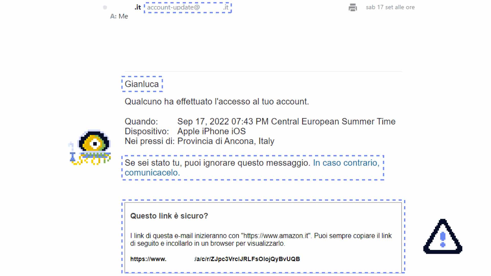 Phishing, esempio di attacco mail