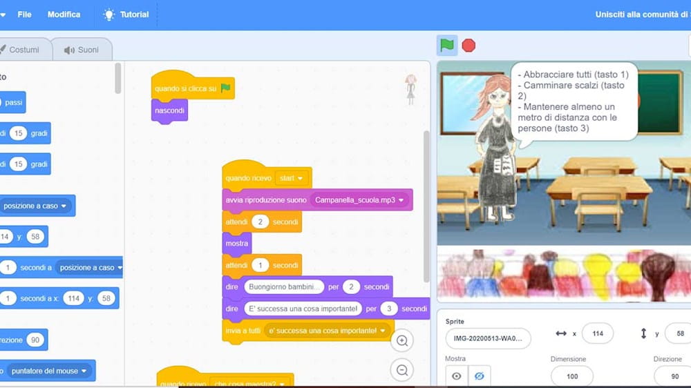 Schermata pc con gioco Scratch su tema Covid_Progetto NTT DATA Coding nelle scuole