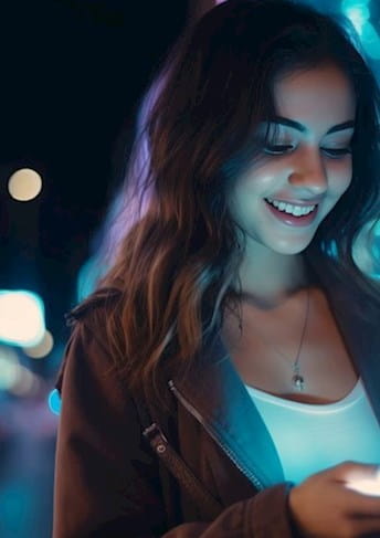 Una mujer joven mirando su teléfono en una ciudad por la noche