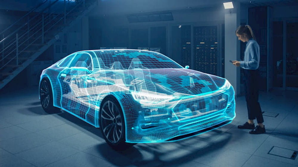 a woman looking at a futuristic car