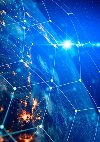 an image of the earth in space with a network of lines