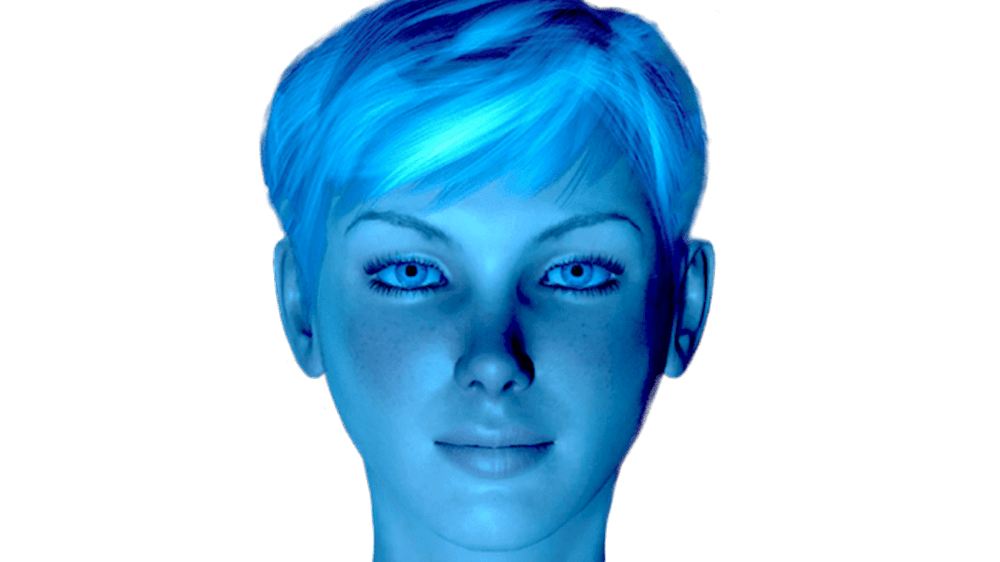 a woman's face with blue eyes