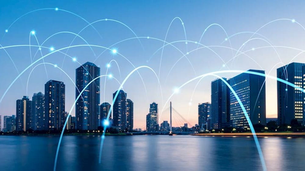 an image of a city with a network of lines in the sky