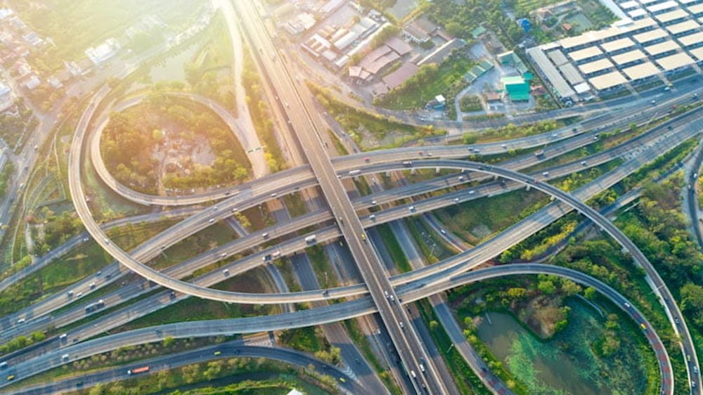 an aerial view of a highway intersection