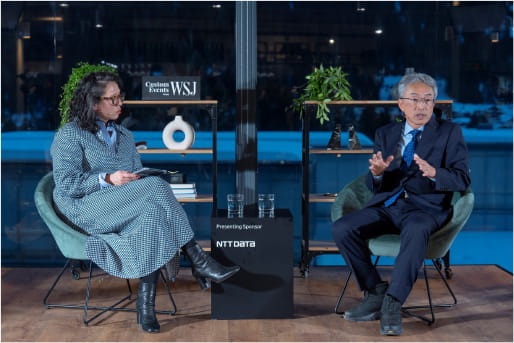 In conversation on stage at the 2025 WEF gathering at Davos. Image: © 2025 World Economic Forum Yutaka Sasaki at World Economic Forum