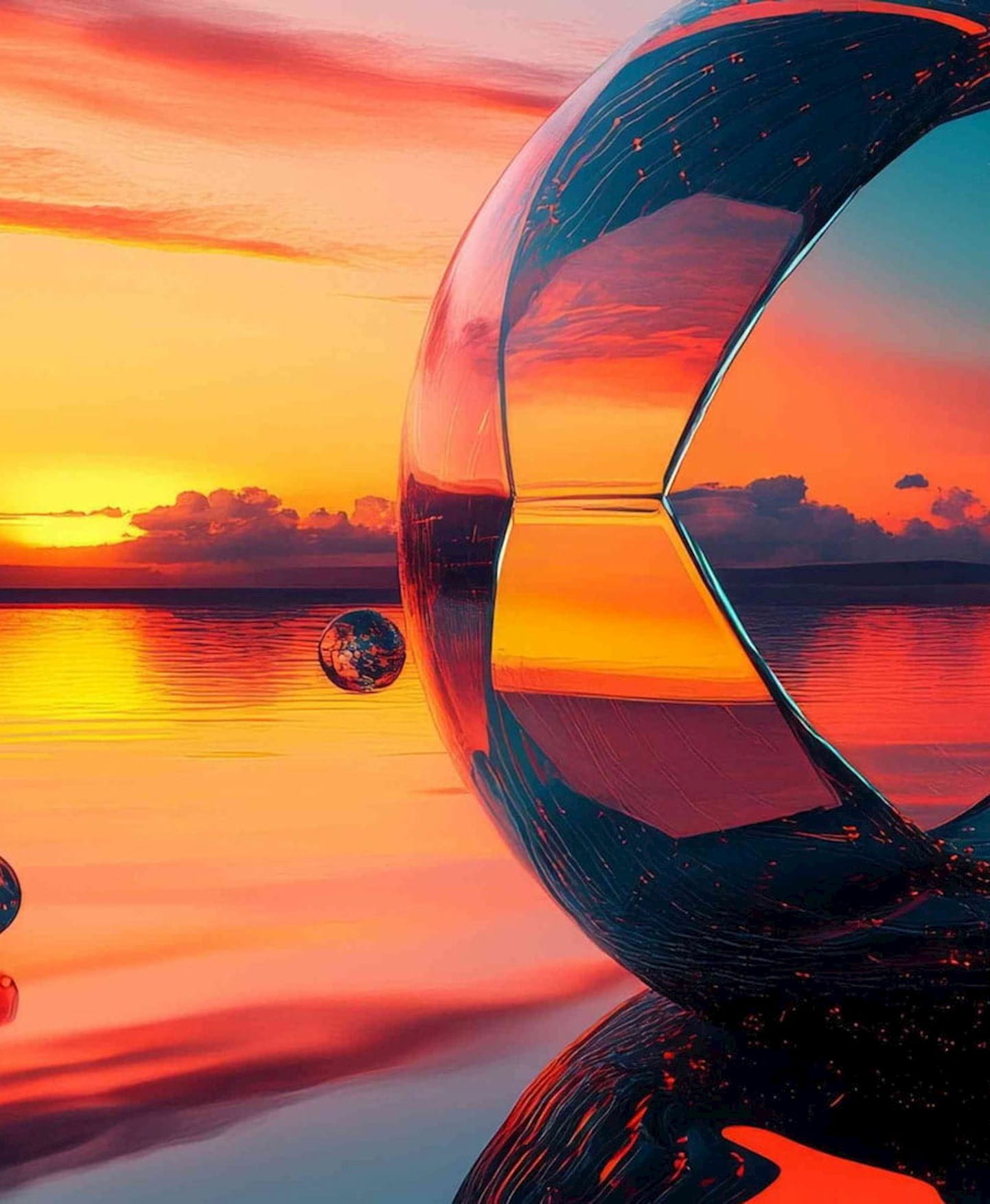 Colored glass sphere on a water mirror