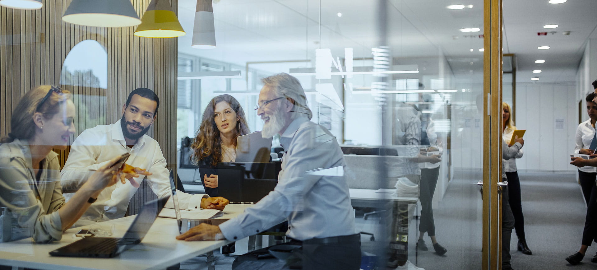 a group of people in an office