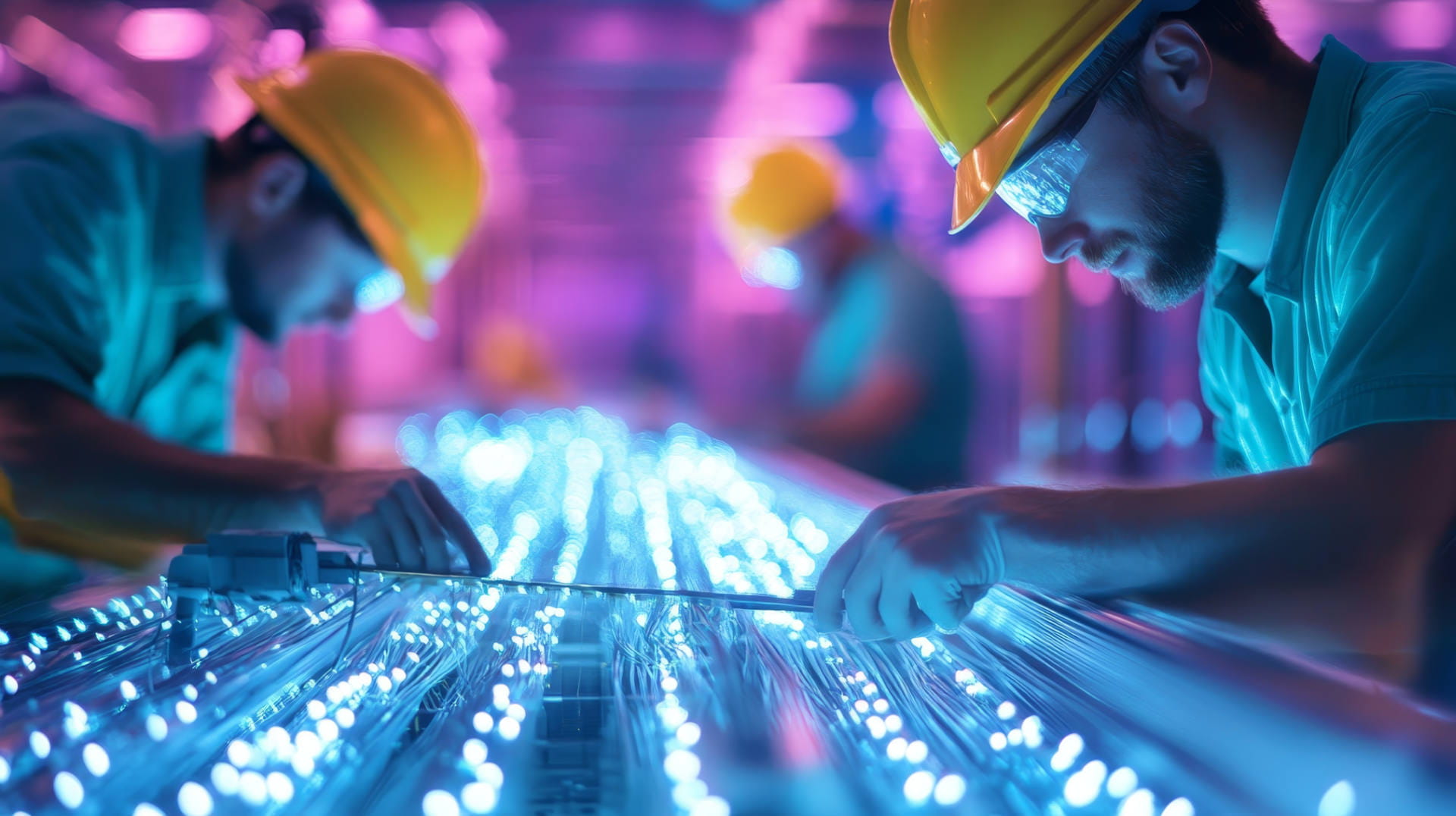 Engineers working in fibre cables