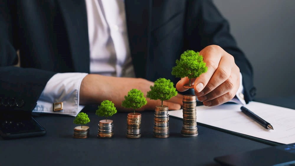 a businessman holding a stack of coins with a tree growing out of it
