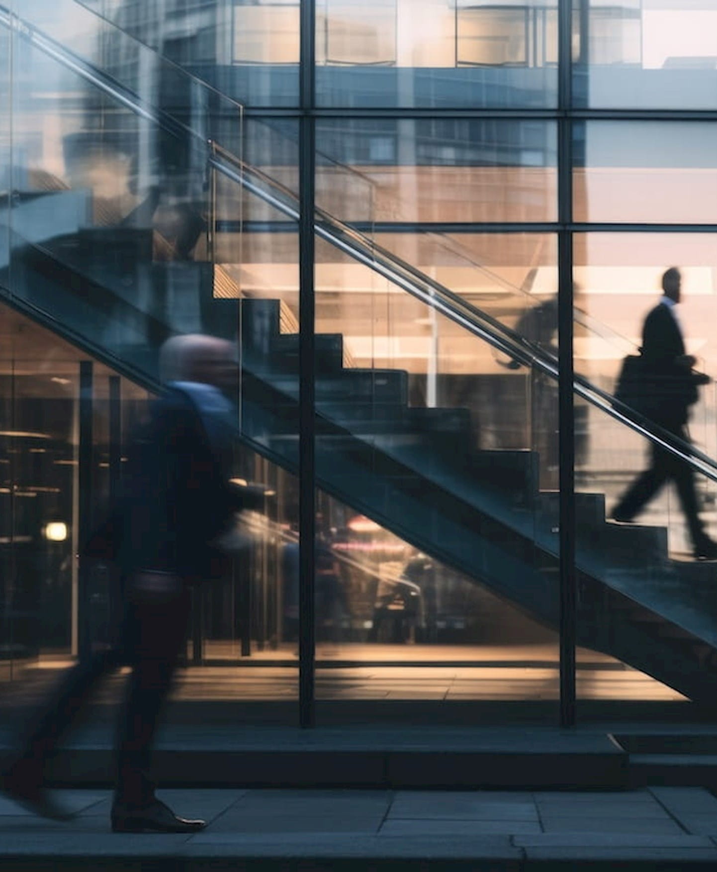 a group of people walking down stairs in a modern office building