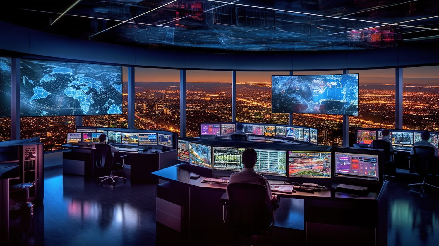 a control room at night