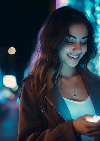 a young woman using a smart phone in a city at night