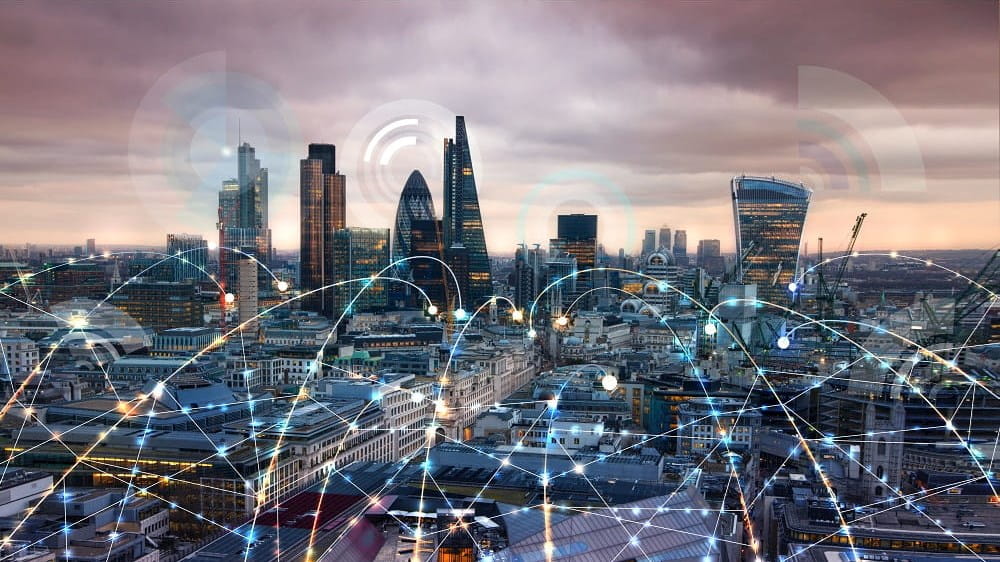 an image of a city with a network of connections