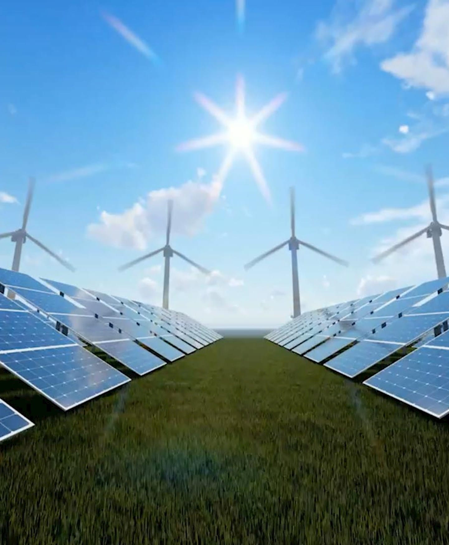 Solar panels surrounded wind turbines on a grass field