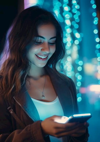 a young woman using a smart phone in a city at night