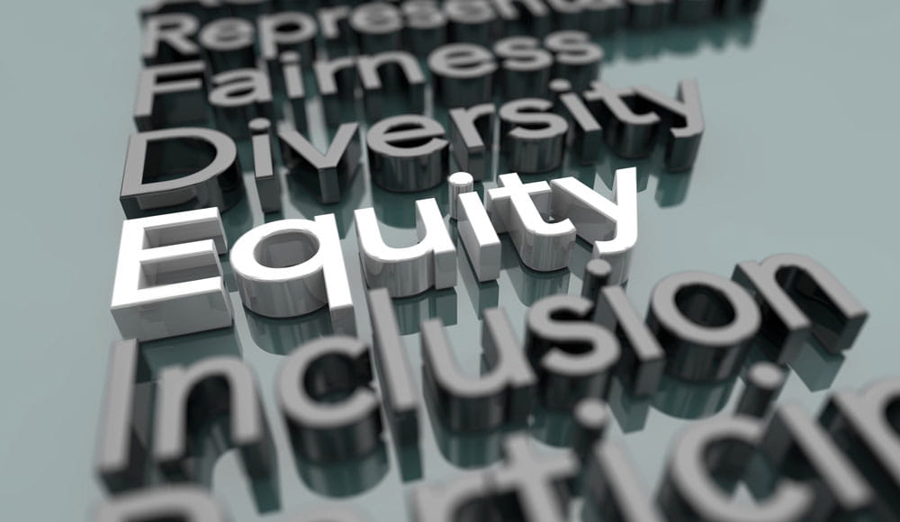 the words equity, diversity, and inclusion on a white background