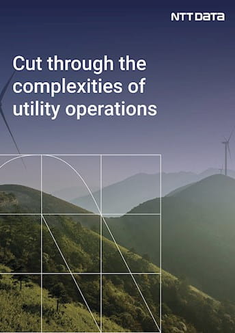landscape with wind turbines and the words cut through the complexity of utility operations