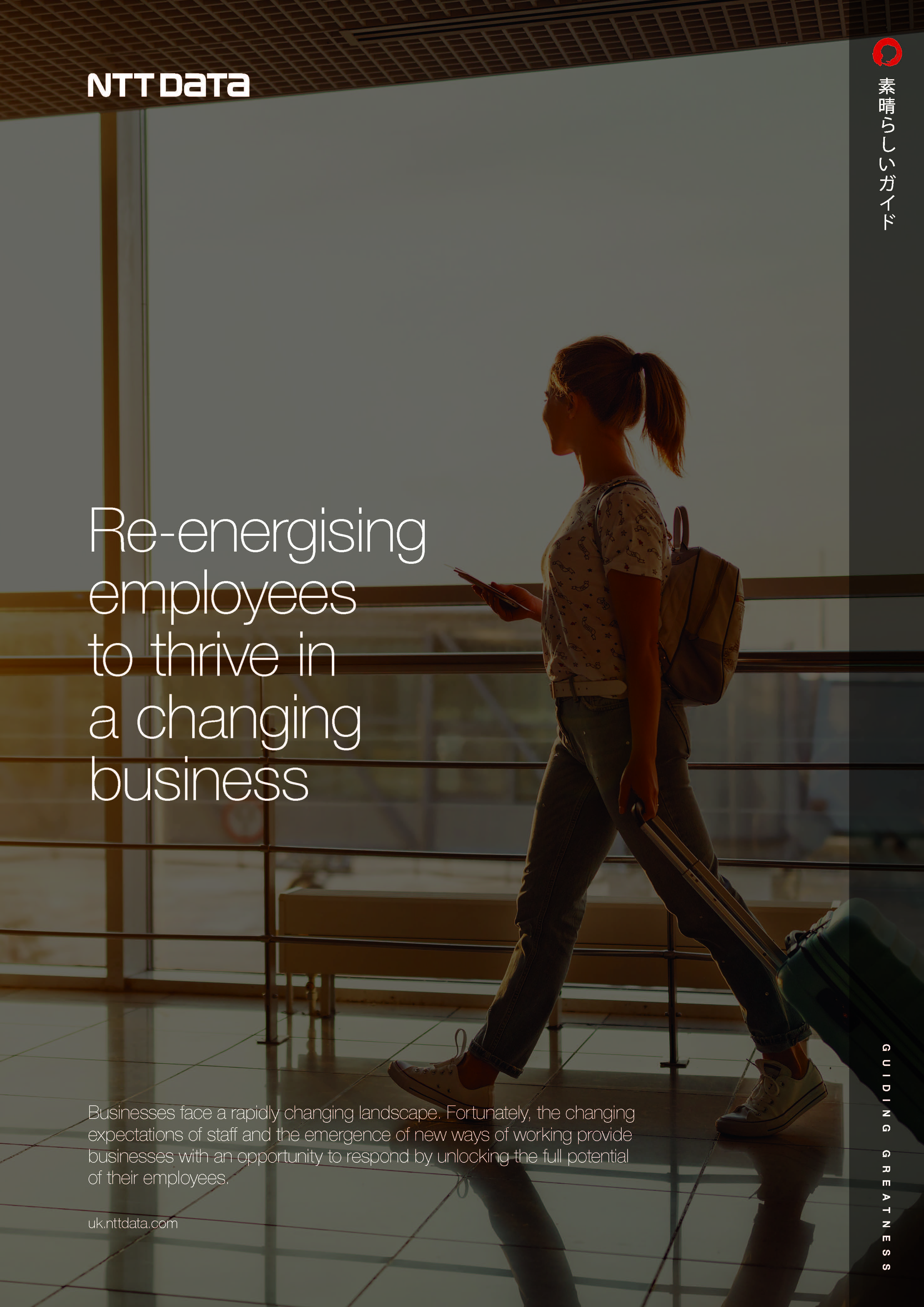 a woman with luggage and the text re energizing employees to transform disrupting business